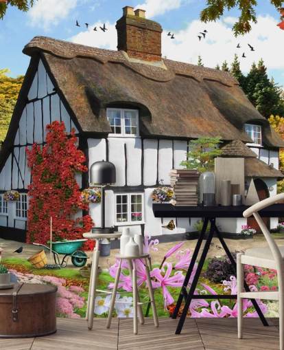 papel pintado de cabaña con techo de paja blanco y negro