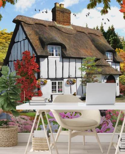 black and white thatched cottage wallpaper