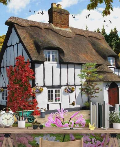 black and white thatched cottage wallpaper