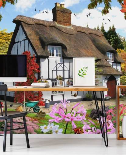 black and white thatched cottage wallpaper