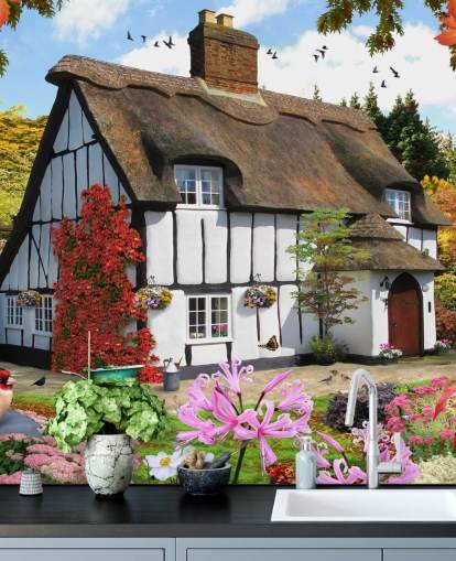 black and white thatched cottage wallpaper