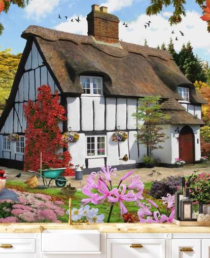 black and white thatched cottage wallpaper