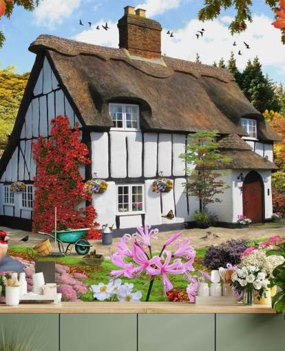 black and white thatched cottage wallpaper