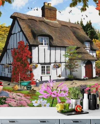 black and white thatched cottage wallpaper