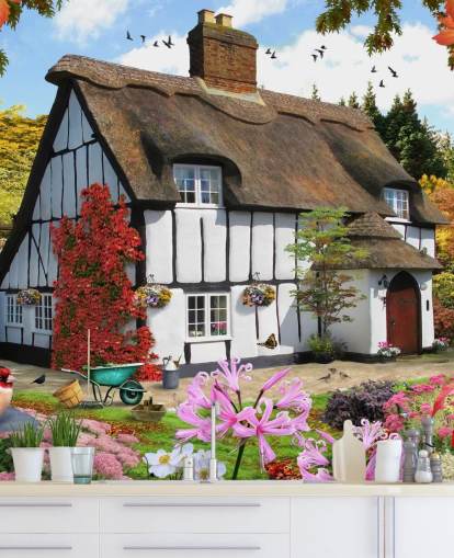 black and white thatched cottage wallpaper