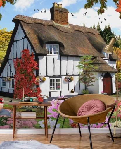 papel pintado de cabaña con techo de paja blanco y negro