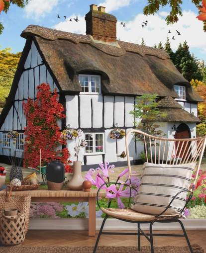 papel pintado de cabaña con techo de paja blanco y negro