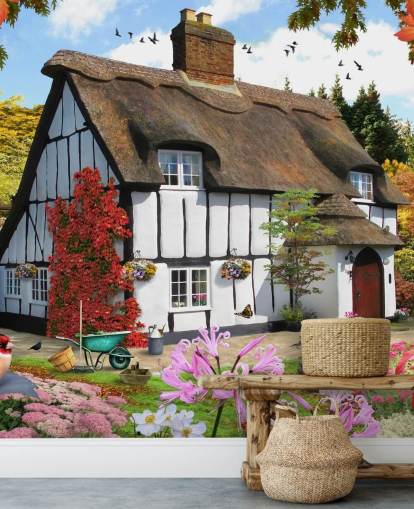 black and white thatched cottage wallpaper