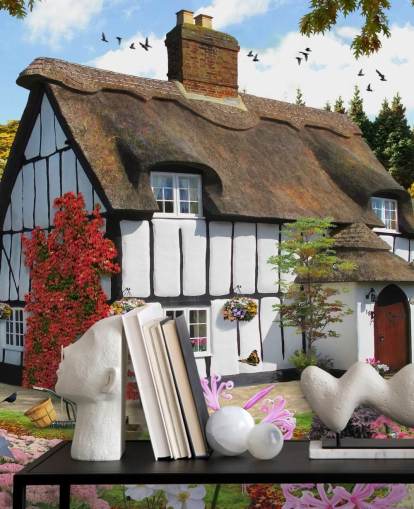 black and white thatched cottage wallpaper