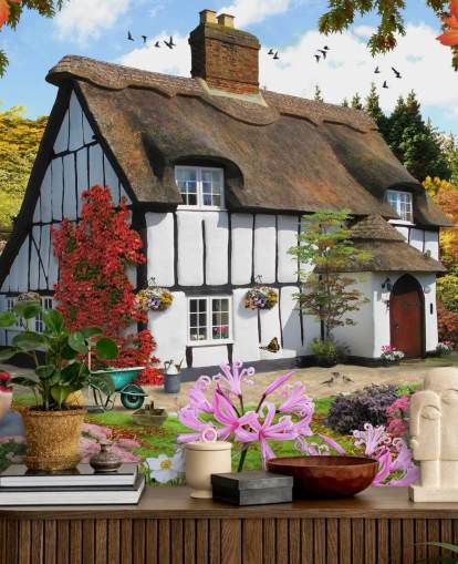 black and white thatched cottage wallpaper