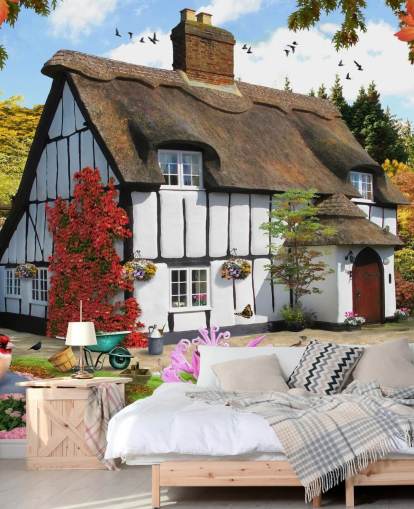 black and white thatched cottage wallpaper