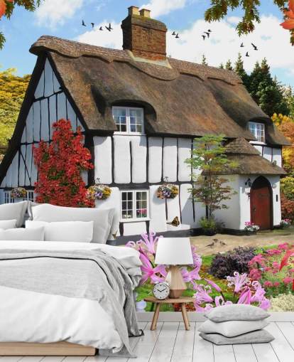 papel pintado de cabaña con techo de paja blanco y negro