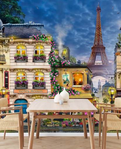 Idylliska Paris hus och torn i bakgrunden väggmålning Idylliska Paris hus och torn i bakgrunden väggmålning