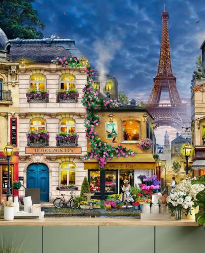 Décoration murale idyllique maisons et tour de Paris en arrière-plan