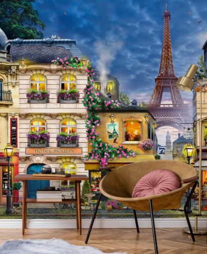 Mural de pared Idílicas casas y torre en el fondo de París