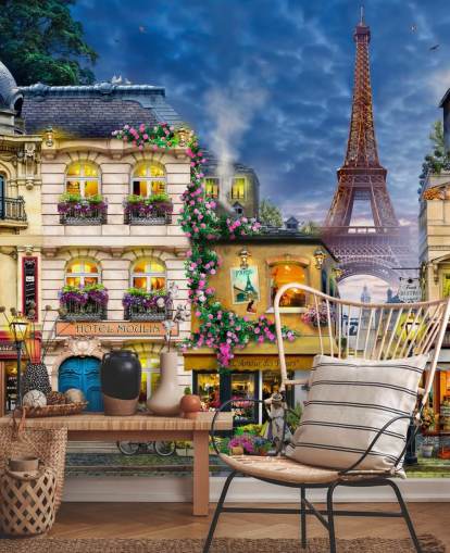 Idylliska Paris hus och torn i bakgrunden väggmålning