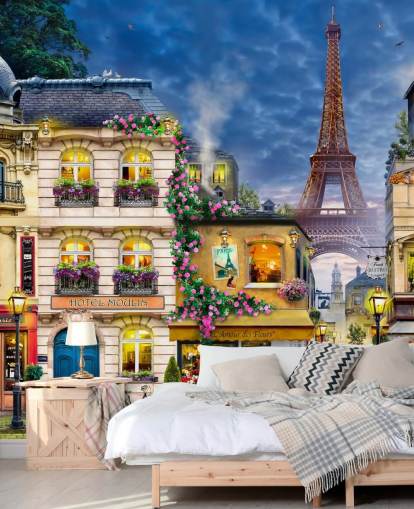 Decorazione murale con case e torre di Parigi sullo sfondo