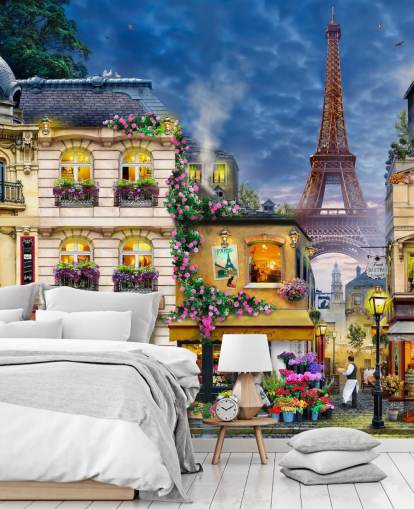 Decorazione murale con case e torre di Parigi sullo sfondo