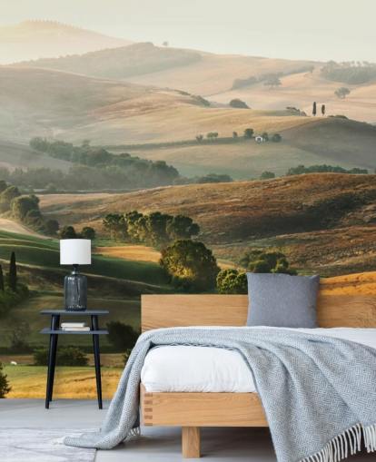 grønt og oransje landskapstapetveggmaleri kalt Italian Countryside for spisestuer, kjøkken og restauranter grønt og oransje landskapstapetveggmaleri kalt Italian Countryside for spisestuer, kjøkken og restauranter