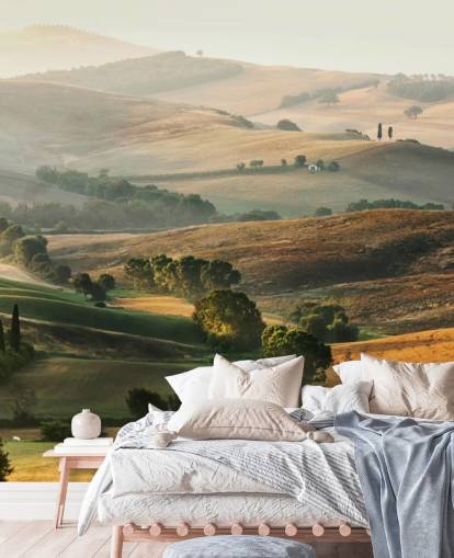 green and orange landscape wallpaper mural called Italian Countryside for dining rooms, kitchens and restaurants