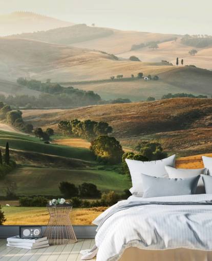 green and orange landscape wallpaper mural called Italian Countryside for dining rooms, kitchens and restaurants