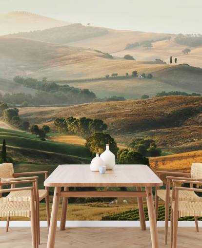 green and orange landscape wallpaper mural called Italian Countryside for dining rooms, kitchens and restaurants