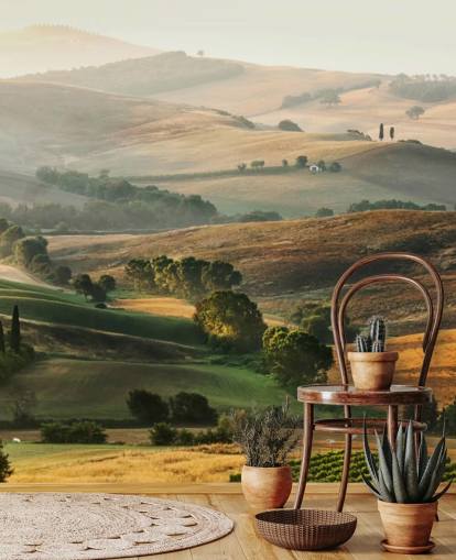 grønt og orange landskabstapetmaleri kaldet Italian Countryside til spisestuer, køkkener og restauranter