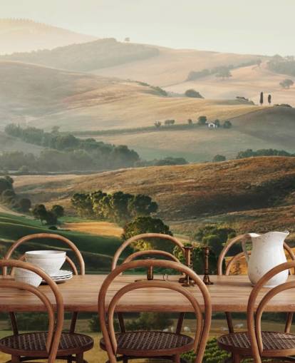 green and orange landscape wallpaper mural called Italian Countryside for dining rooms, kitchens and restaurants