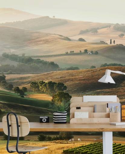 grønt og orange landskabstapetmaleri kaldet Italian Countryside til spisestuer, køkkener og restauranter