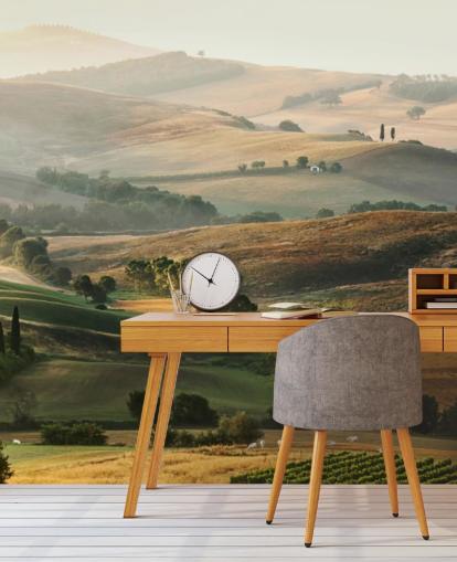 mural de papel de parede de paisagem verde e laranja chamado Italian Countryside para salas de jantar, cozinhas e restaurantes