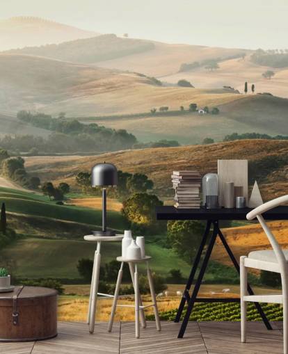 mural de papel pintado con paisajes verdes y naranjas llamado Italian Countryside para comedores, cocinas y restaurantes mural de papel pintado con paisajes verdes y naranjas llamado Italian Countryside para comedores, cocinas y restaurantes