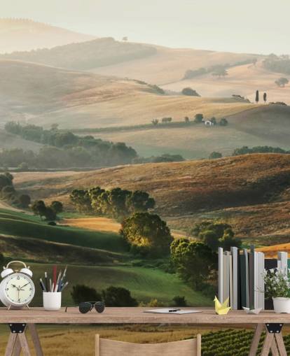 carta da parati murale con paesaggio verde e arancione chiamato Campagna italiana per sale da pranzo, cucine e ristoranti