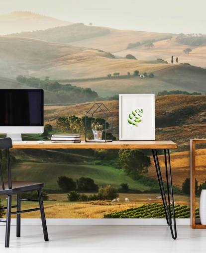 green and orange landscape wallpaper mural called Italian Countryside for dining rooms, kitchens and restaurants