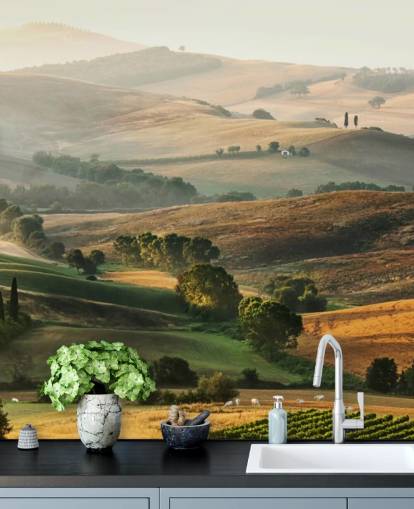 groene en oranje landschapsmuurschildering genaamd Italian Countryside voor eetkamers, keukens en restaurants