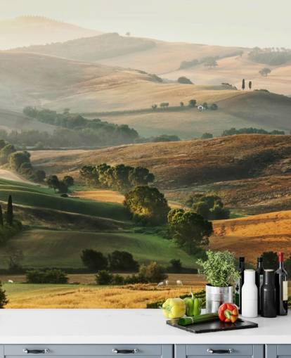 mural de papel de parede de paisagem verde e laranja chamado Italian Countryside para salas de jantar, cozinhas e restaurantes mural de papel de parede de paisagem verde e laranja chamado Italian Countryside para salas de jantar, cozinhas e restaurantes