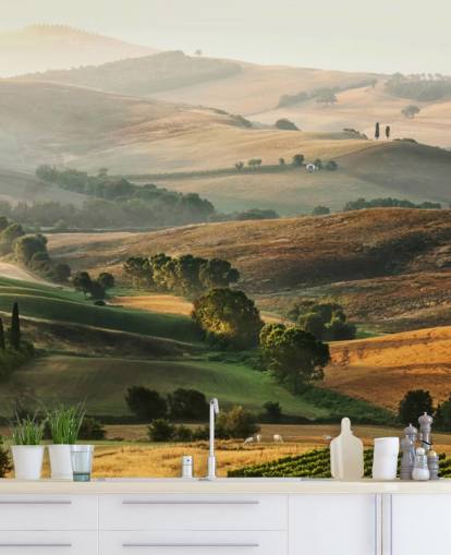 green and orange landscape wallpaper mural called Italian Countryside for dining rooms, kitchens and restaurants