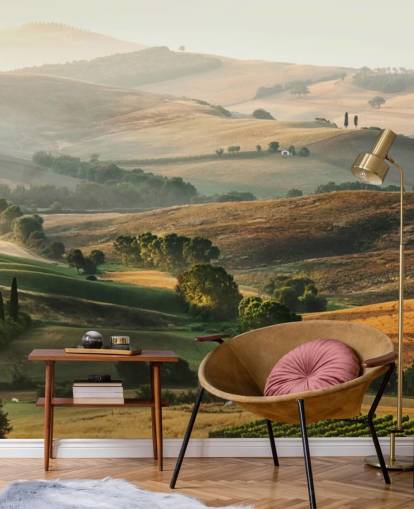 grønt og oransje landskapstapetveggmaleri kalt Italian Countryside for spisestuer, kjøkken og restauranter grønt og oransje landskapstapetveggmaleri kalt Italian Countryside for spisestuer, kjøkken og restauranter