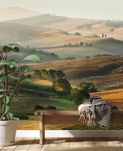 mural de papel de parede de paisagem verde e laranja chamado Italian Countryside para salas de jantar, cozinhas e restaurantes