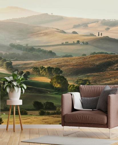 green and orange landscape wallpaper mural called Italian Countryside for dining rooms, kitchens and restaurants