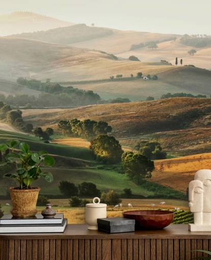 grüne und orangefarbene Landschaftstapete mit dem Titel Italian Countryside für Esszimmer, Küchen und Restaurants