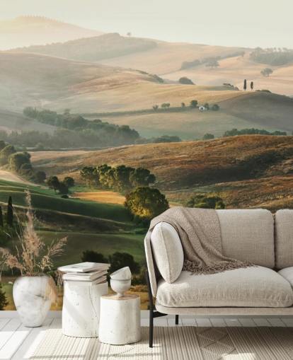 mural de papel pintado con paisajes verdes y naranjas llamado Italian Countryside para comedores, cocinas y restaurantes mural de papel pintado con paisajes verdes y naranjas llamado Italian Countryside para comedores, cocinas y restaurantes
