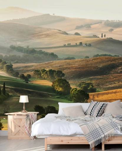 grønt og orange landskabstapetmaleri kaldet Italian Countryside til spisestuer, køkkener og restauranter grønt og orange landskabstapetmaleri kaldet Italian Countryside til spisestuer, køkkener og restauranter