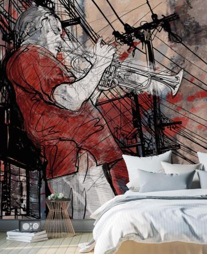 Mural de pared Dibujo de músico jazz Mural de pared Dibujo de músico jazz