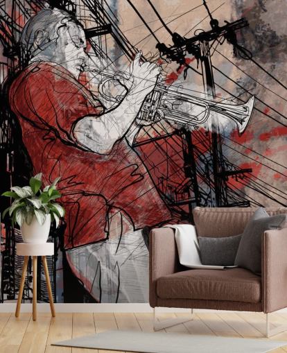 Mural de pared Dibujo de músico jazz Mural de pared Dibujo de músico jazz