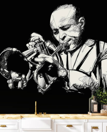 Carta da parati in bianco e nero con arte del musicista jazz