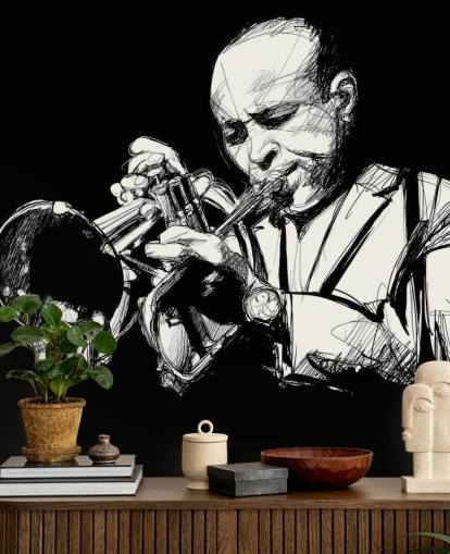 Svart och vit konst av Jazz Player Bakgrund Svart och vit konst av Jazz Player Bakgrund