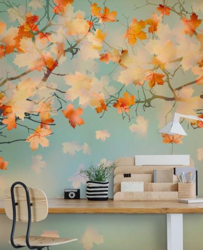 illustrated orange leaves against blue sky wallpaper