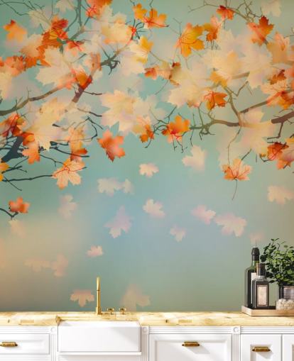 geïllustreerd oranje blad tegen blauwe hemel behang