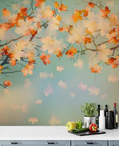 illustrated orange leaves against blue sky wallpaper