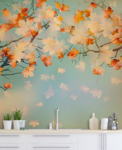 illustrated orange leaves against blue sky wallpaper illustrated orange leaves against blue sky wallpaper